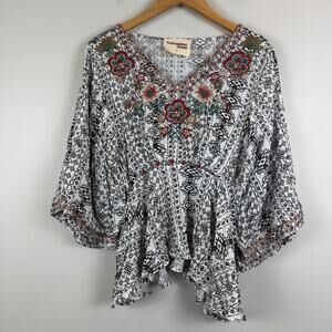 Savanna Jane Top Women S Multi Aztec Floral Embroidered Ruffle Blouse Boho Retro